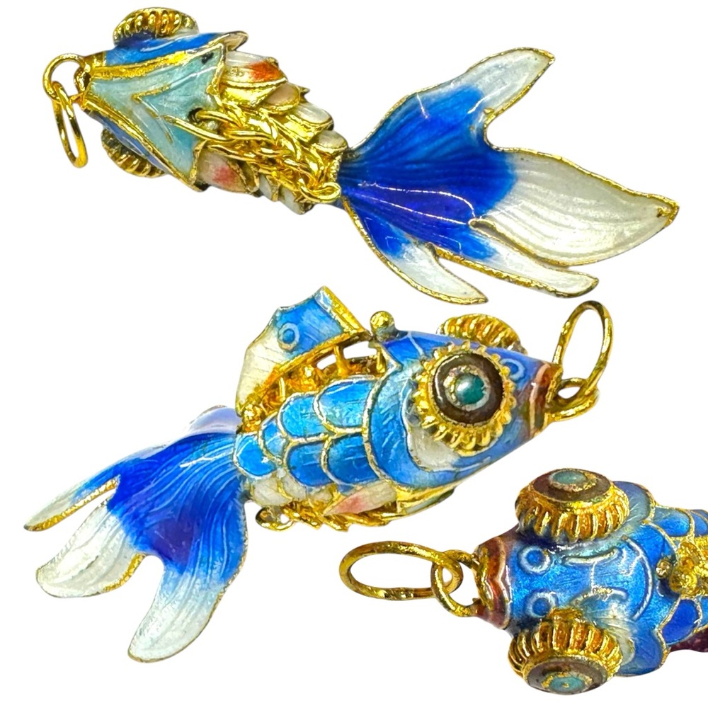 Vintage Chinese Silver Filigree Cloisonné Enamel Articulated Koi Fish Pendants - Picture 4 of 9
